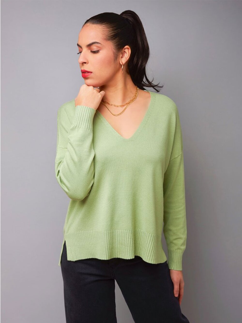 Green V-Neck Knit Sweater Top